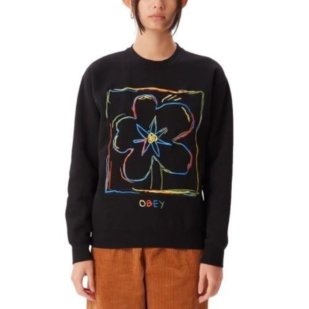 Obey Black Graphic Sweatshirt Neon Flower Logo Medium Crewneck Streetwear Skater